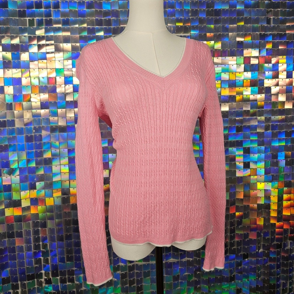 Brooks Brothers 346 Cable Knit Sweater Womens S Pink Excellent V-Neck Cotton